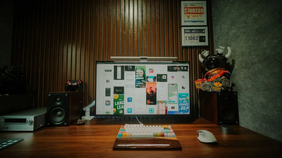 Un espace de travail lumineux avec un livre de design, un ordinateur portable et des outils créatifs, parfait pour stimuler l’inspiration.